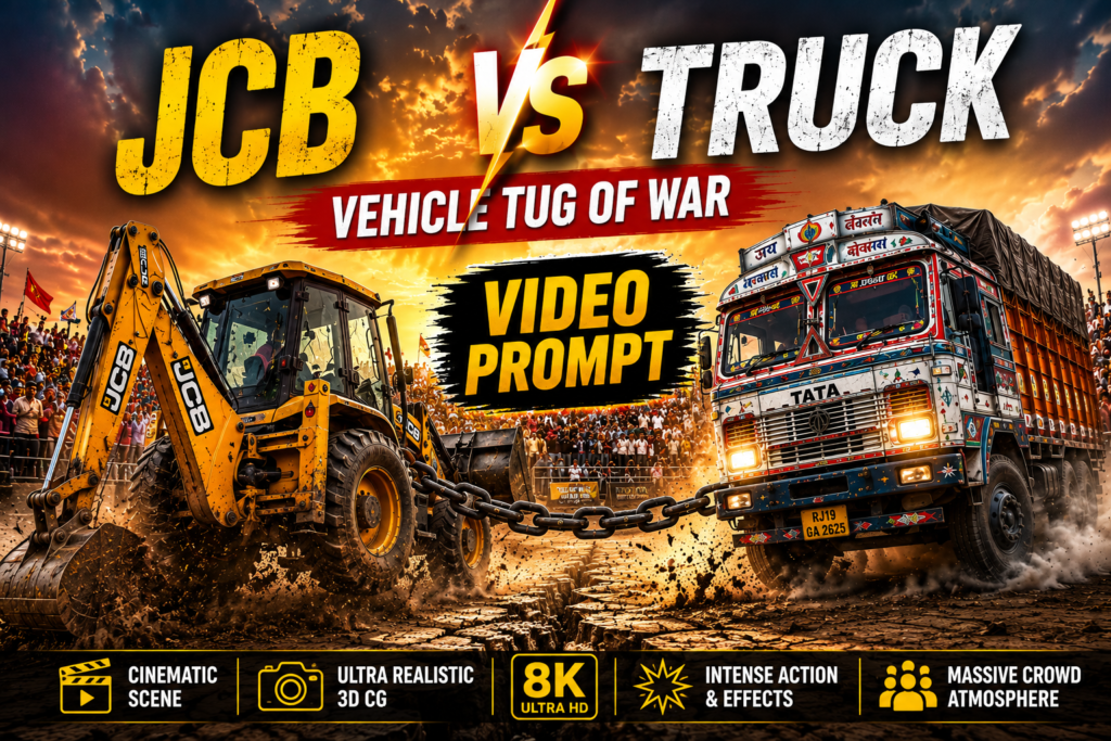 Cinematic Vehicle Tug of War Prompt – JCB vs Truck (Free)